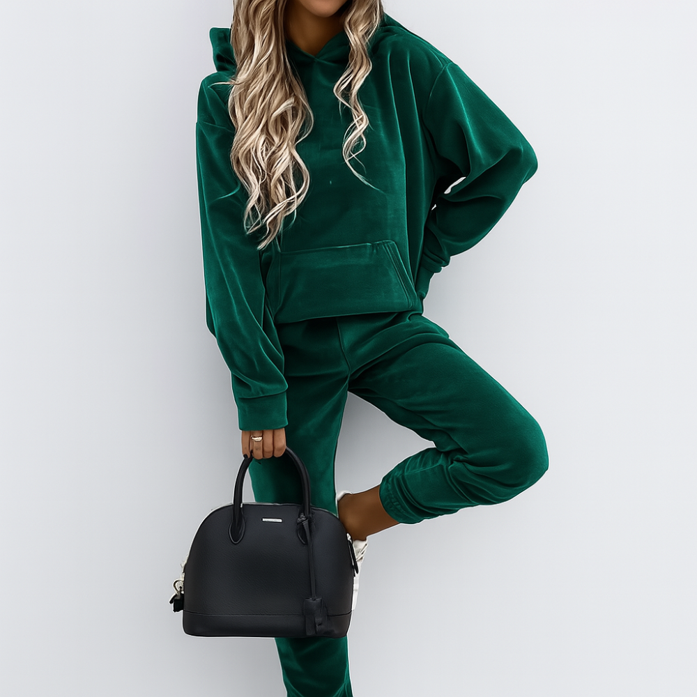 Ensemble de loisirs pour femmes 2 pièces – Sweat à capuche uni avec poche kangourou et pantalon de jogging slim