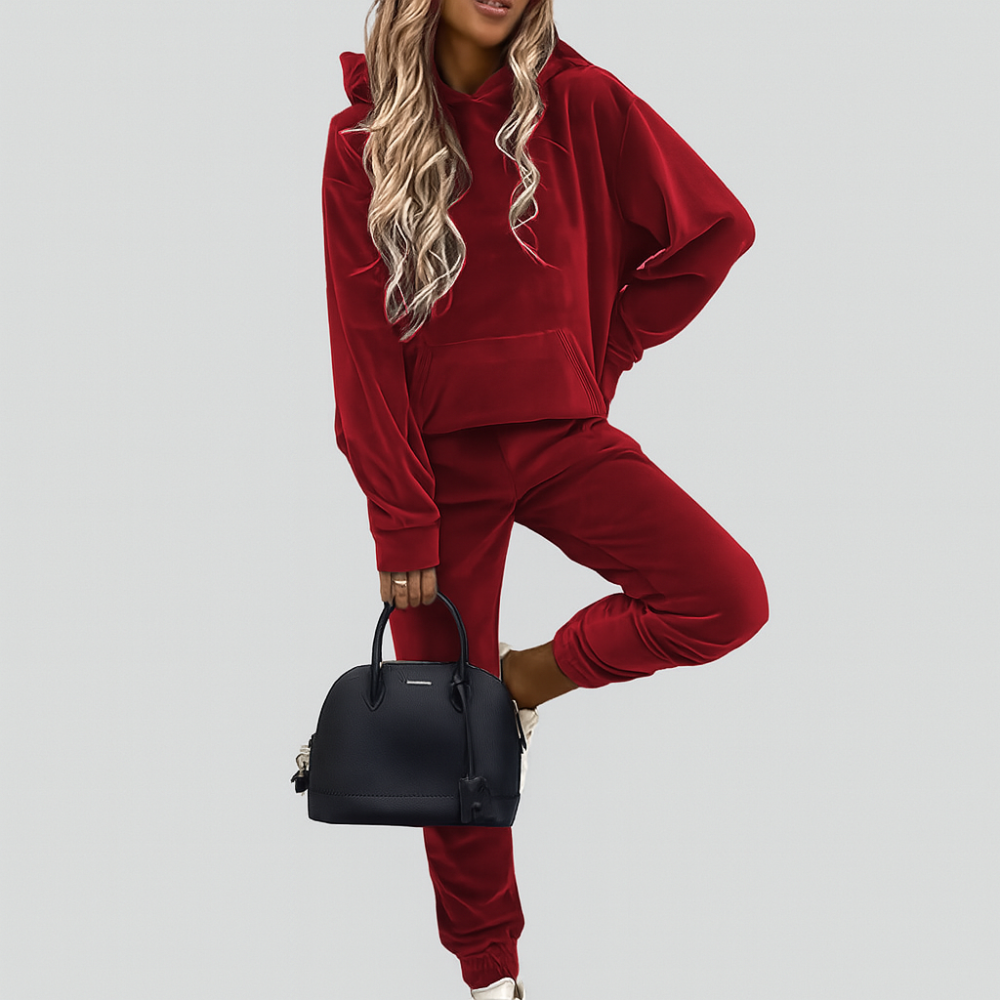 Ensemble de loisirs pour femmes 2 pièces – Sweat à capuche uni avec poche kangourou et pantalon de jogging slim