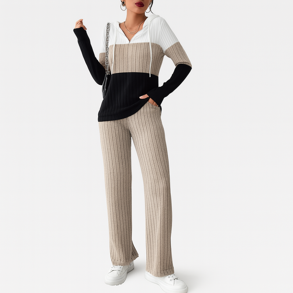 Ensemble pour femmes avec fermeture éclair – Top à rayures et pantalon taille haute à jambes larges