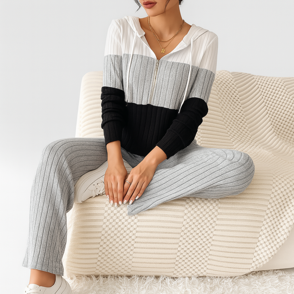 Ensemble pour femmes avec fermeture éclair – Top à rayures et pantalon taille haute à jambes larges