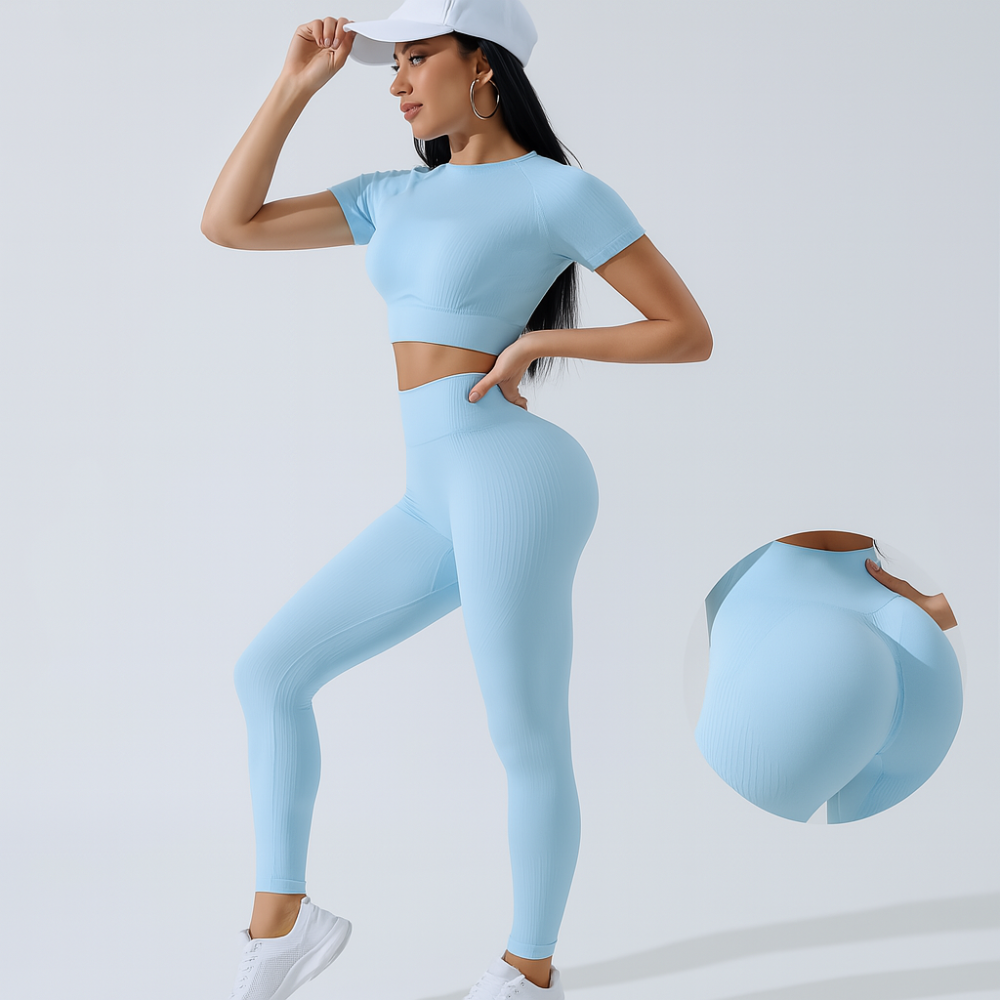 Ensemble de sport pour femmes 2 pièces – T-shirt à manches courtes et leggings taille haute pour yoga et Pilates