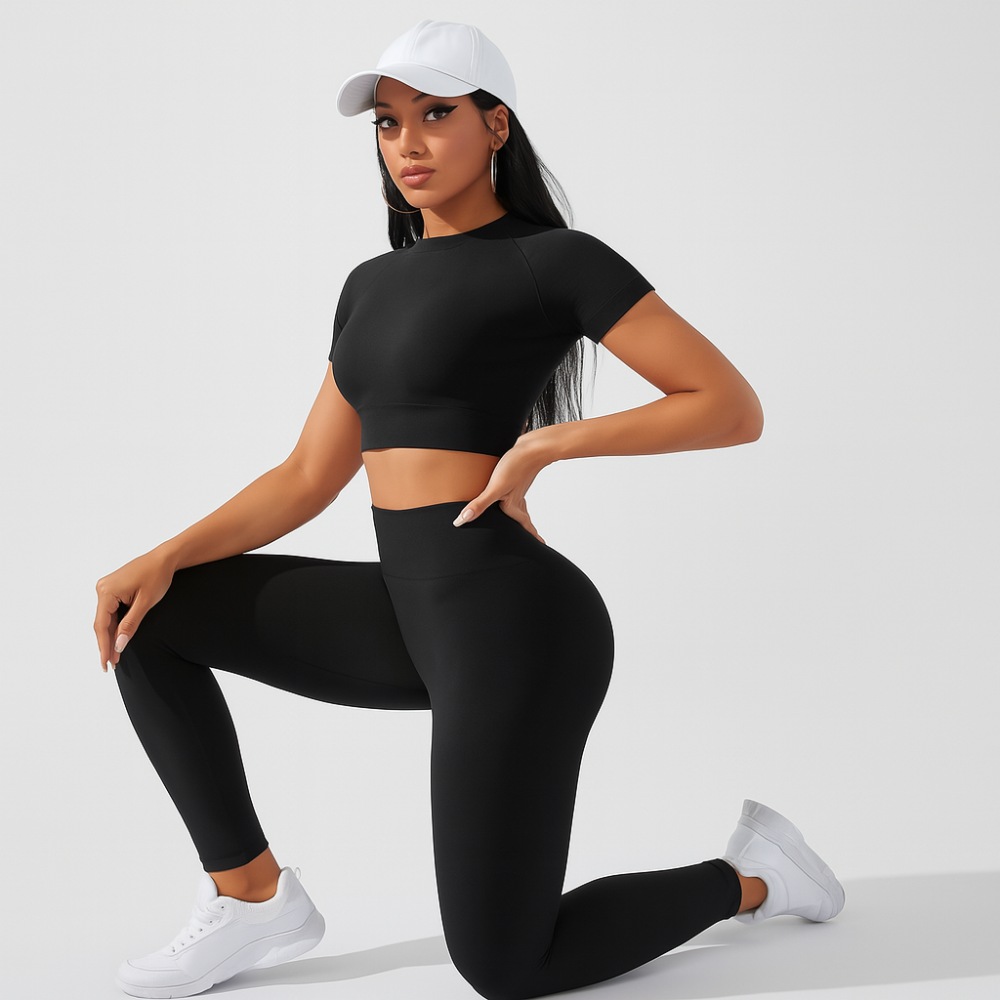 Ensemble de sport pour femmes 2 pièces – T-shirt à manches courtes et leggings taille haute pour yoga et Pilates