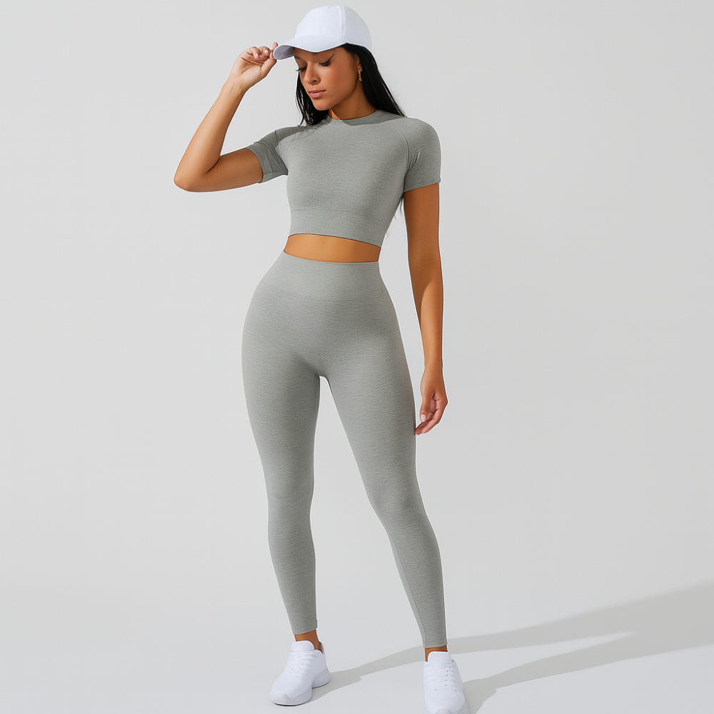 Ensemble de sport pour femmes 2 pièces – T-shirt à manches courtes et leggings taille haute pour yoga et Pilates