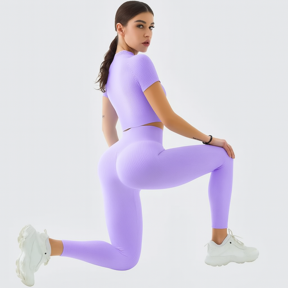 Ensemble de sport pour femmes 2 pièces – T-shirt à manches courtes et leggings taille haute pour yoga et Pilates