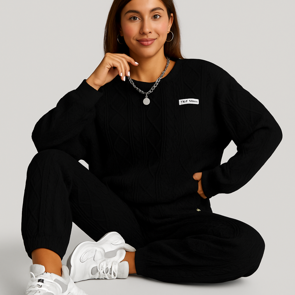 Ensemble pour femmes en tissu structuré – Sweat-shirt à manches longues et pantalon de jogging – Décontracté et confortable