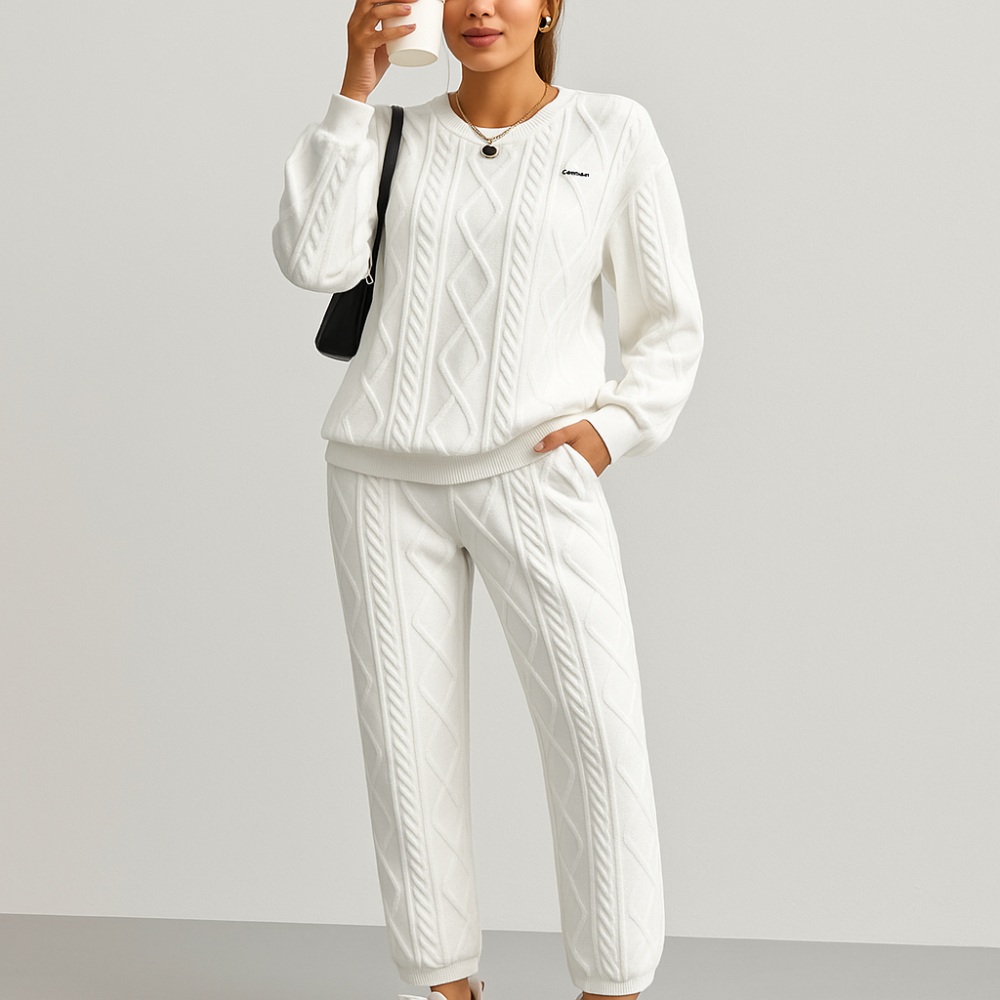 Ensemble pour femmes en tissu structuré – Sweat-shirt à manches longues et pantalon de jogging – Décontracté et confortable