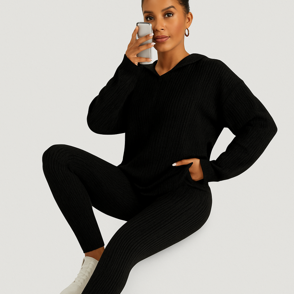 Ensemble deux pièces pour femme en maille côtelée – Sweat à capuche à manches longues et pantalon skinny – Tenue décontractée de loisirs