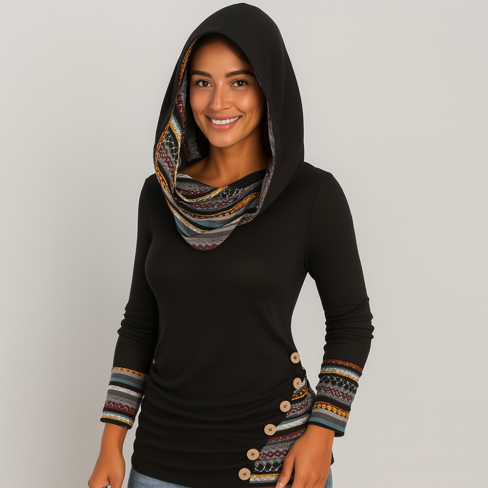 Pull à capuche pour femmes à rayures ethniques – sweat à capuche à manches longues en patchwork