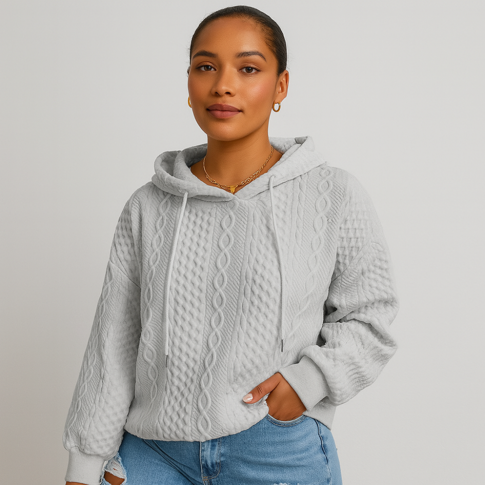 Sweat à capuche pour femmes en grandes tailles – Ras du cou uni en maille côtelée avec cordon de serrage & élasthanne