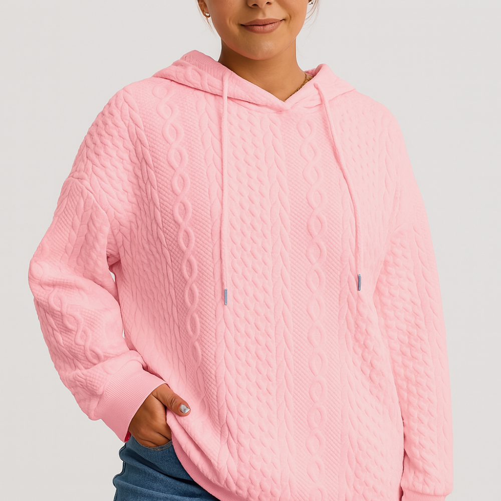 Sweat à capuche pour femmes en grandes tailles – Ras du cou uni en maille côtelée avec cordon de serrage & élasthanne