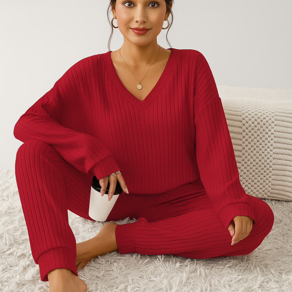 Ensemble de salon pour femmes en jersey côtelé – Top uni avec décolleté en V et pantalon jogging à taille élastique