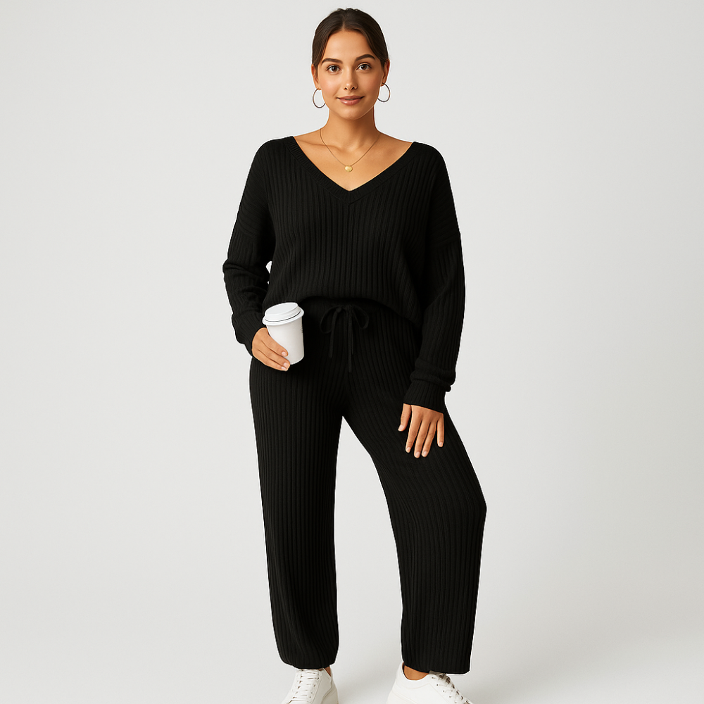 Ensemble de salon pour femmes en jersey côtelé – Top uni avec décolleté en V et pantalon jogging à taille élastique