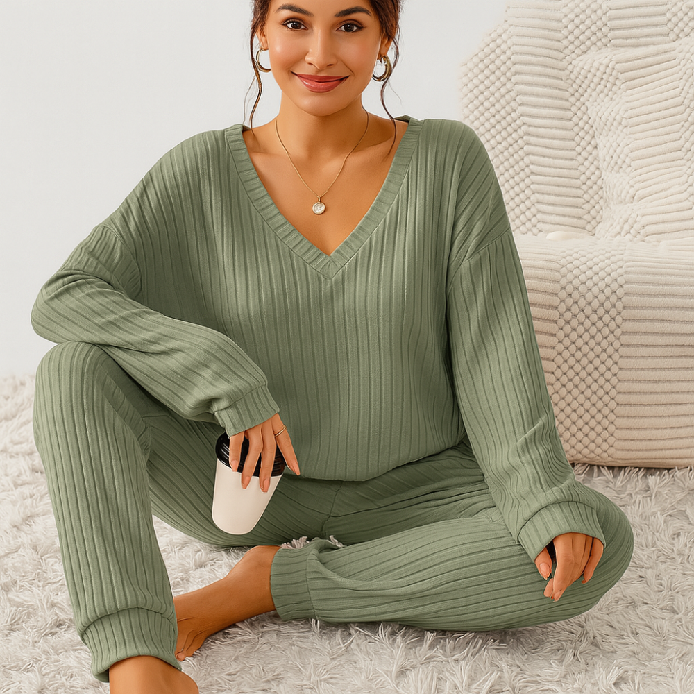 Ensemble de salon pour femmes en jersey côtelé – Top uni avec décolleté en V et pantalon jogging à taille élastique