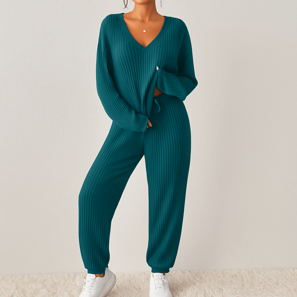 Ensemble de salon pour femmes en jersey côtelé – Top uni avec décolleté en V et pantalon jogging à taille élastique