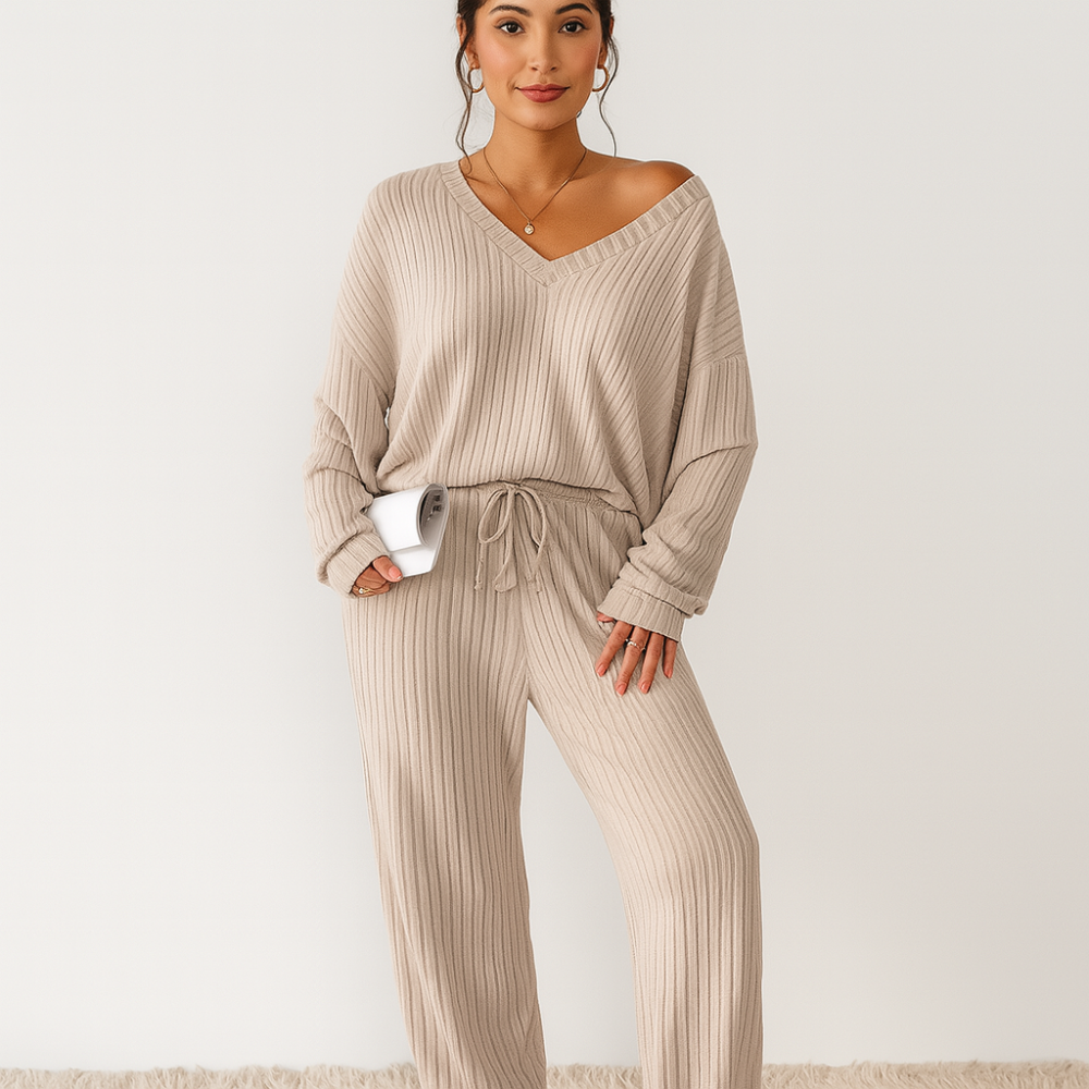 Ensemble de salon pour femmes en jersey côtelé – Top uni avec décolleté en V et pantalon jogging à taille élastique