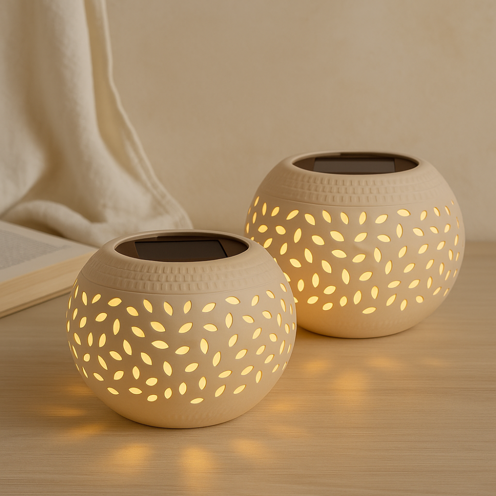 LumaWeave – Lampe de table solaire avec motif découpé en relief