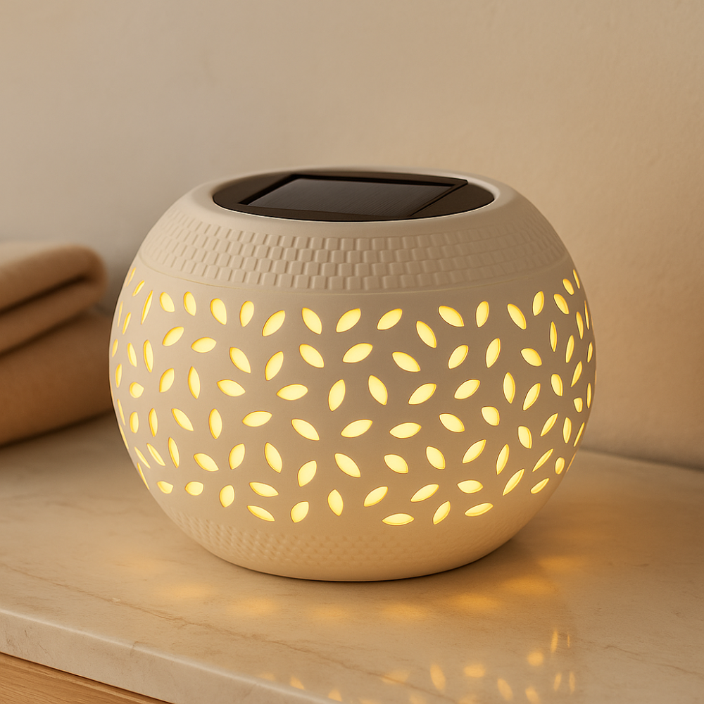 LumaWeave – Lampe de table solaire avec motif découpé en relief