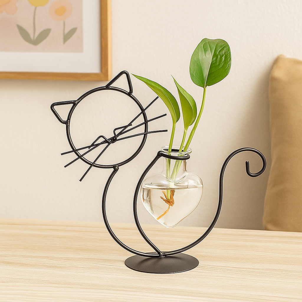 FelineBloom – Bac à plantes en verre en forme de cœur avec support inspiré des chats