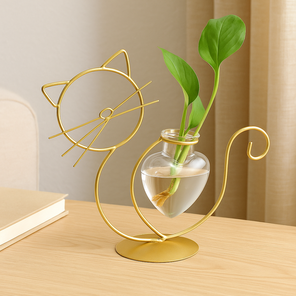 FelineBloom – Bac à plantes en verre en forme de cœur avec support inspiré des chats