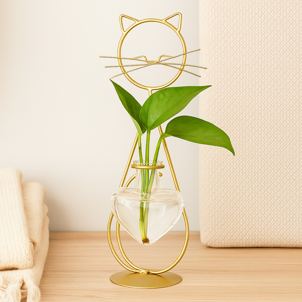 FelineBloom – Bac à plantes en verre en forme de cœur avec support inspiré des chats