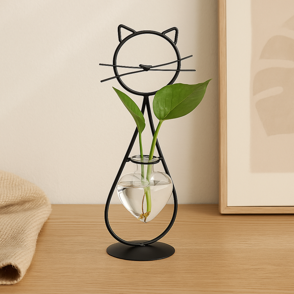FelineBloom – Bac à plantes en verre en forme de cœur avec support inspiré des chats