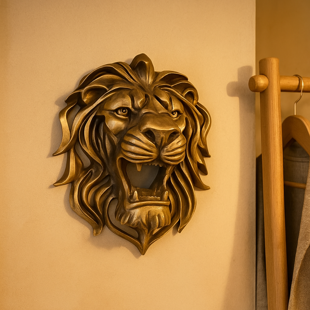 RegalRoar – Sculpture murale de tête de lion dorée et raffinée