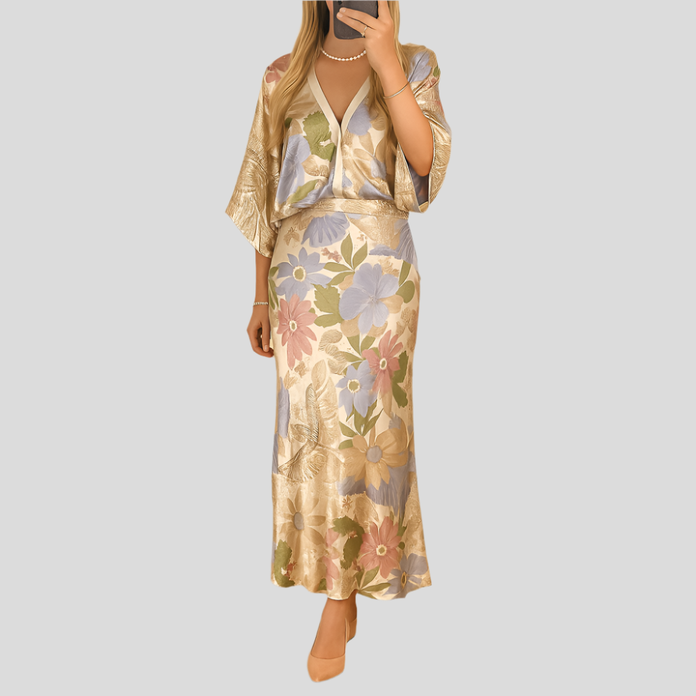 Fleuréline – Robe midi raffinée avec boutonnière à mi-longueur, boutons à demi-pression et manches larges en motif floral