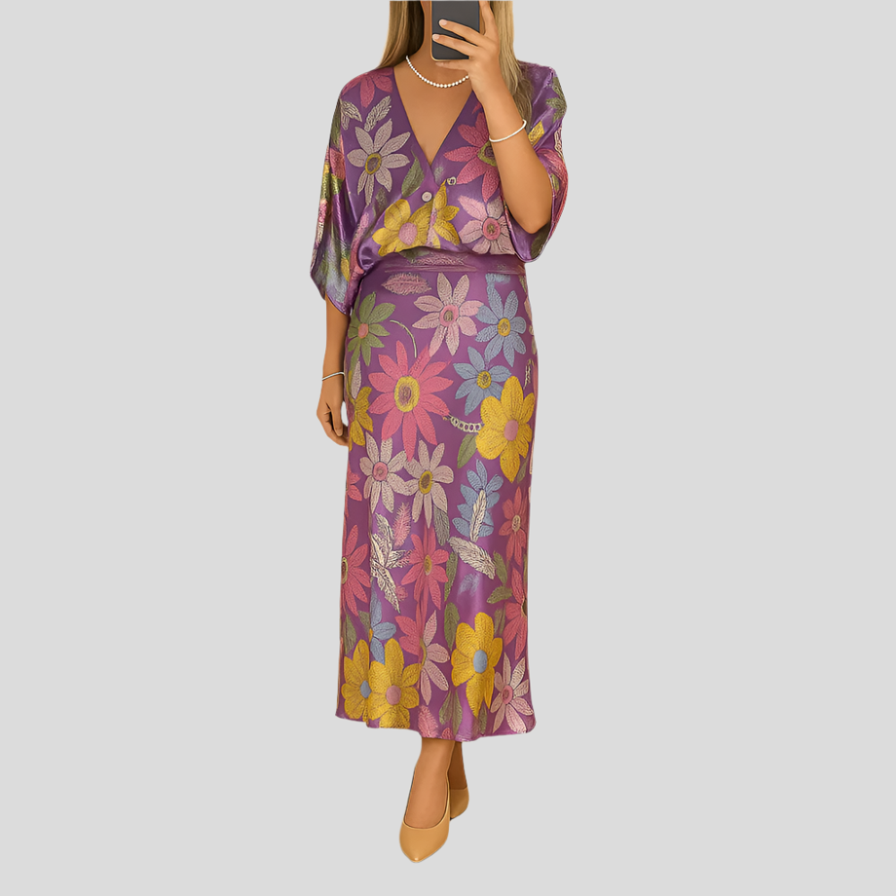 Fleuréline – Robe midi raffinée avec boutonnière à mi-longueur, boutons à demi-pression et manches larges en motif floral