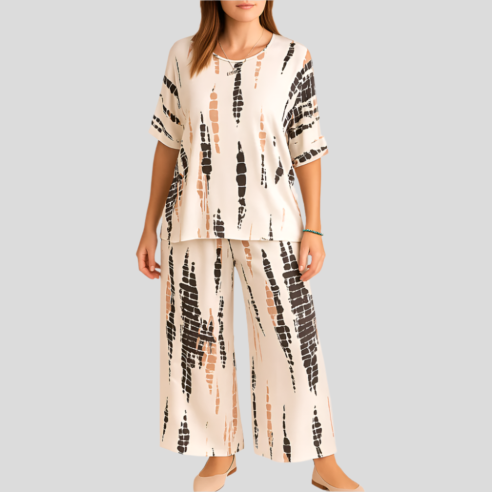 Ensemble Décontracté Elise Deux Pièces – Top à col rond et pantalons à jambes larges pour un style sans effort
