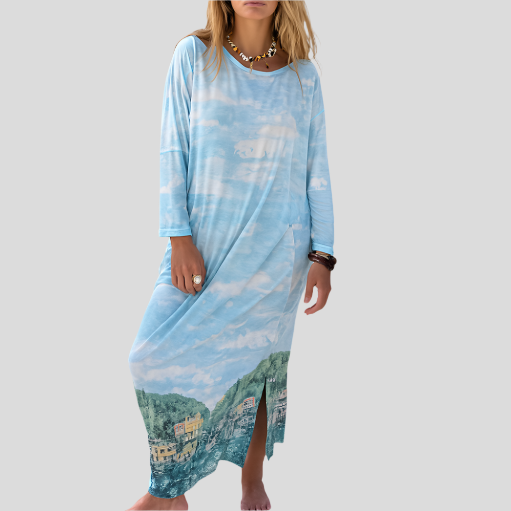 Robe longue d'été à manches longues Aurora avec impression unique