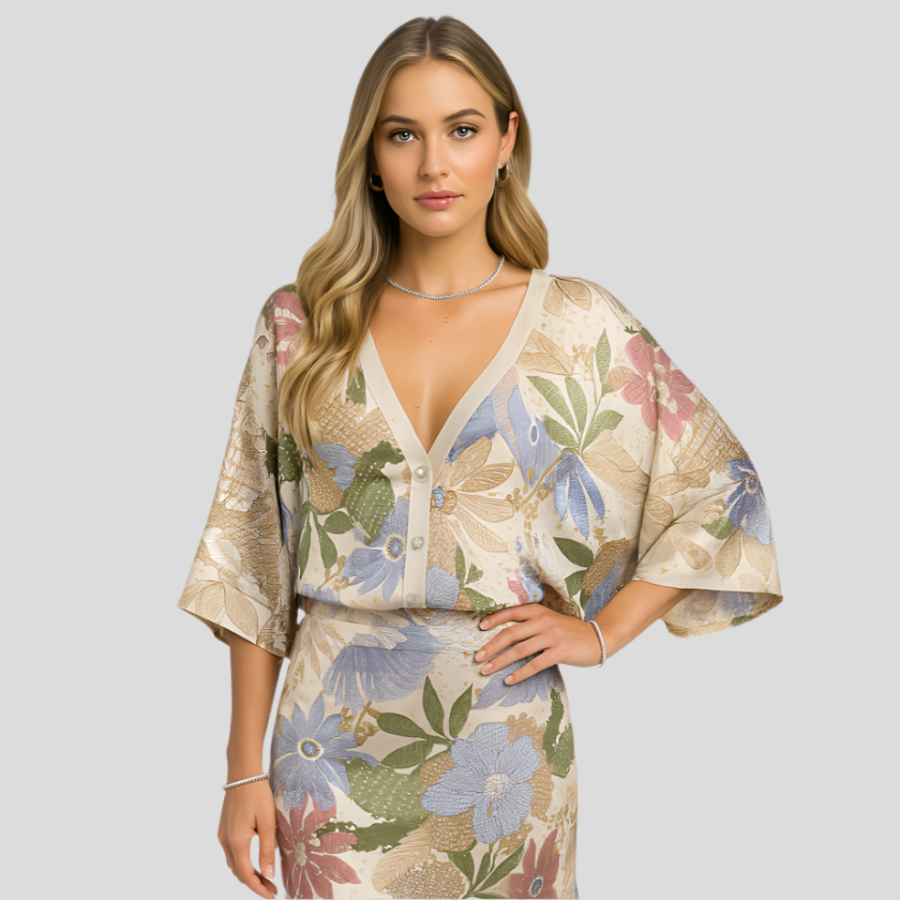 Fleuréline – Robe midi raffinée avec boutonnière à mi-longueur, boutons à demi-pression et manches larges en motif floral