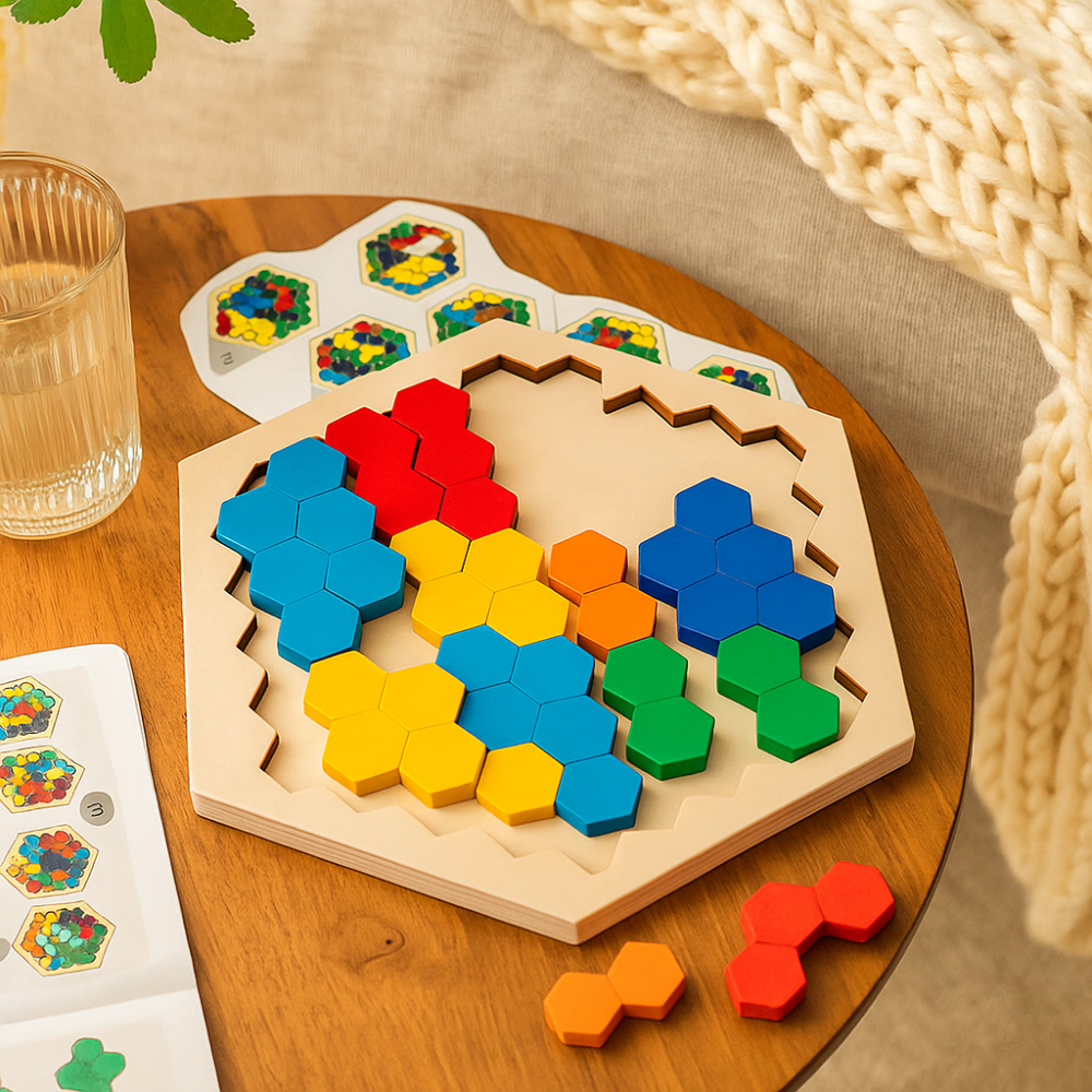 HexaFun 3D puzzle en bois hexagonal – Jouet éducatif STEM pour enfants