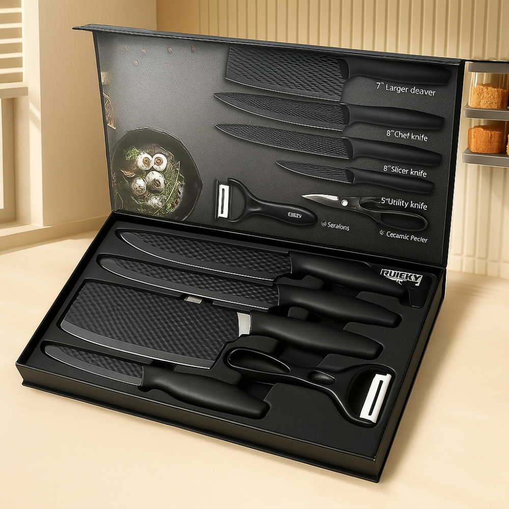 Chefora | Ensemble de 6 pièces de couteaux de cuisine et accessoires en acier inoxydable – Édition cadeau noire