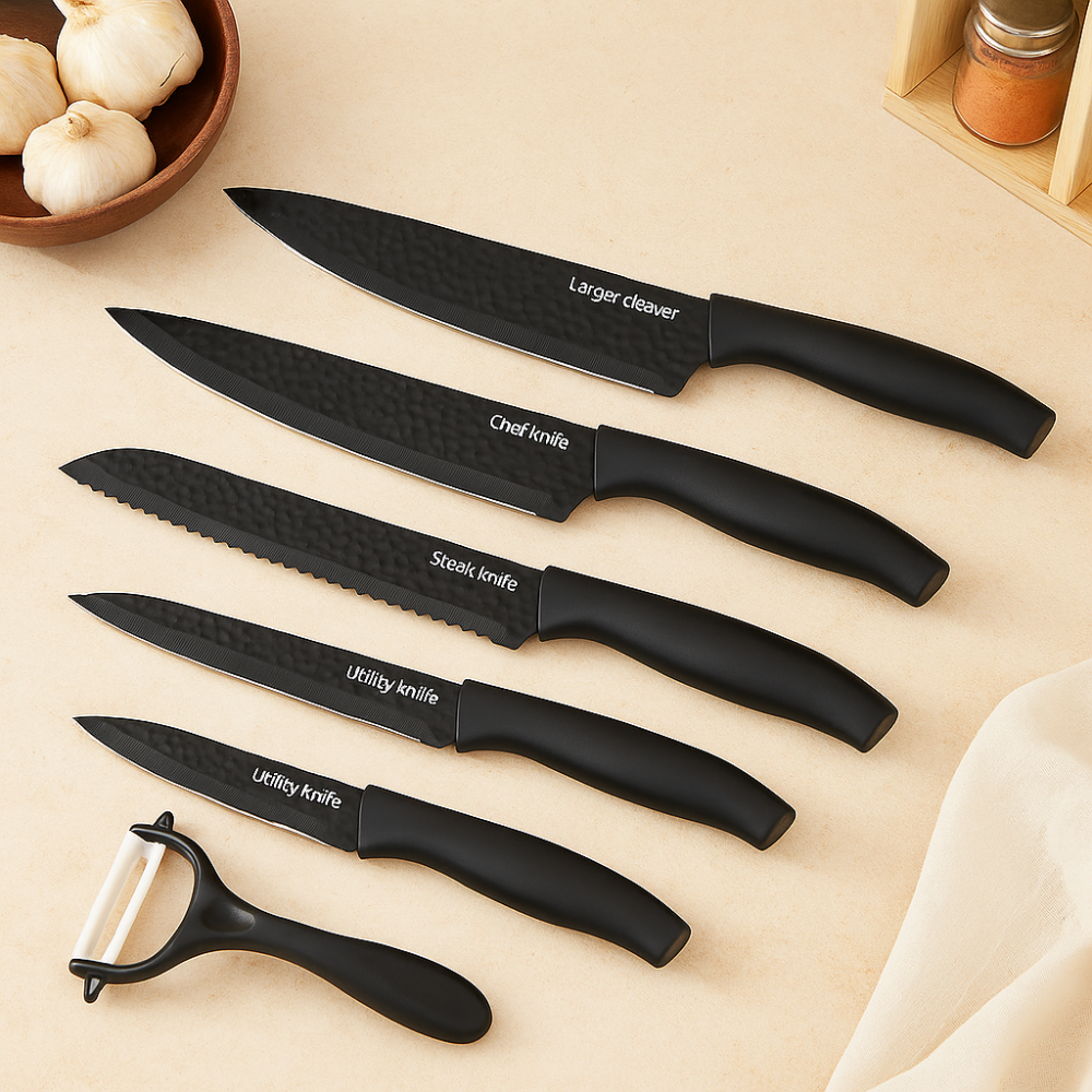Chefora | Ensemble de 6 pièces de couteaux de cuisine et accessoires en acier inoxydable – Édition cadeau noire