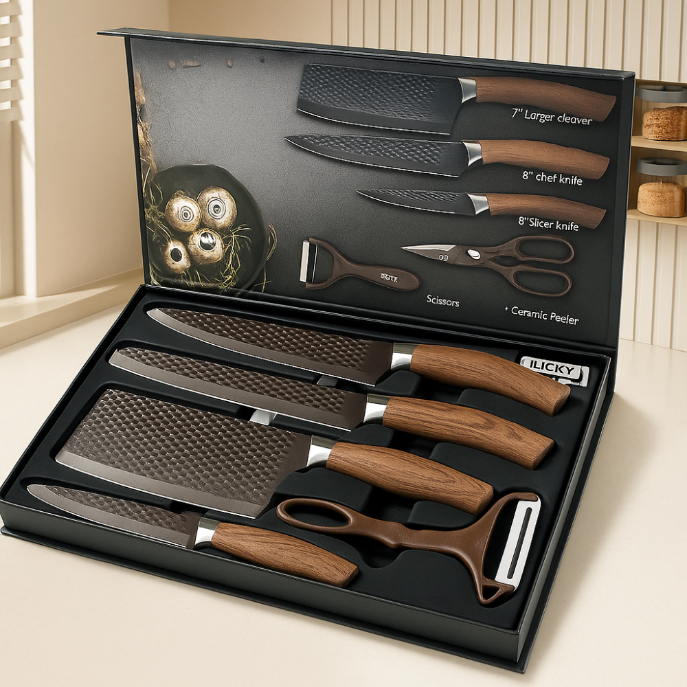 Chefora | Ensemble de 6 pièces de couteaux de cuisine et accessoires en acier inoxydable – Édition cadeau noire