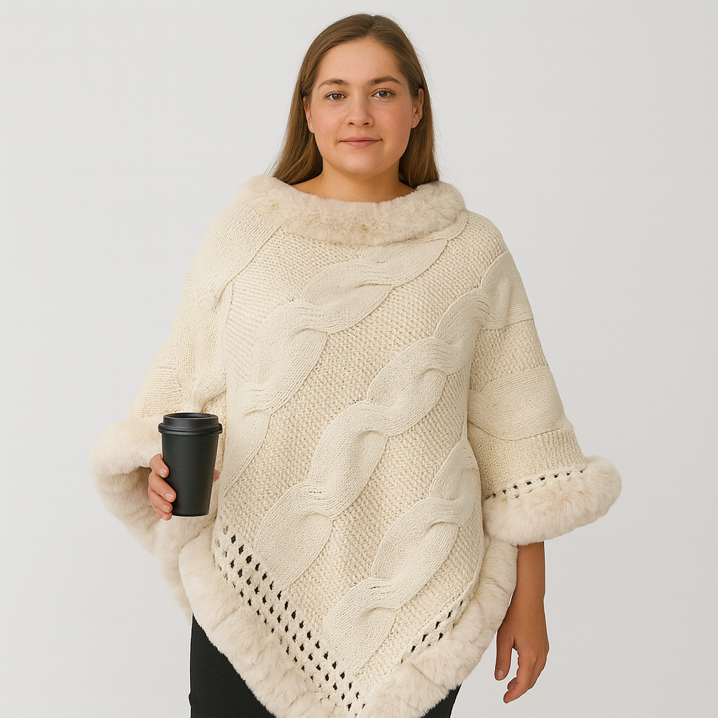 Clarissa | Pull à cape avec motif torsadé et garniture en fourrure