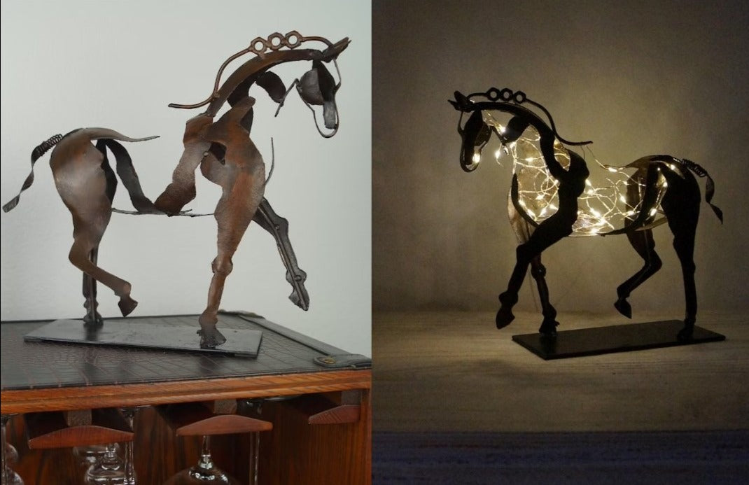 RustGlow - Sculpture abstraite en fer rouillé avec lumière LED