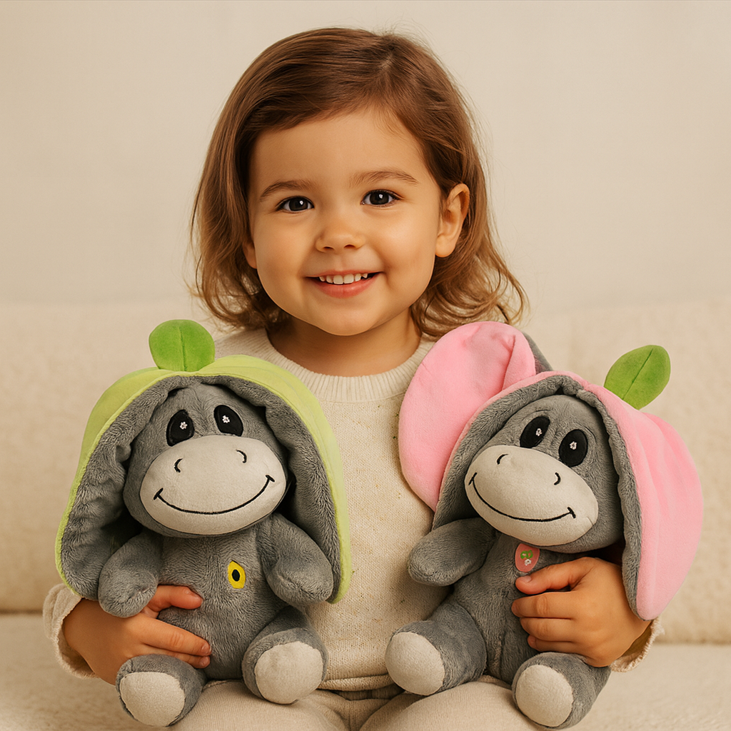 CuddleTwist – Adorables peluches d'âne avec capuchons amovibles en forme de fruits et sons apaisants | Peluches douces pour enfants