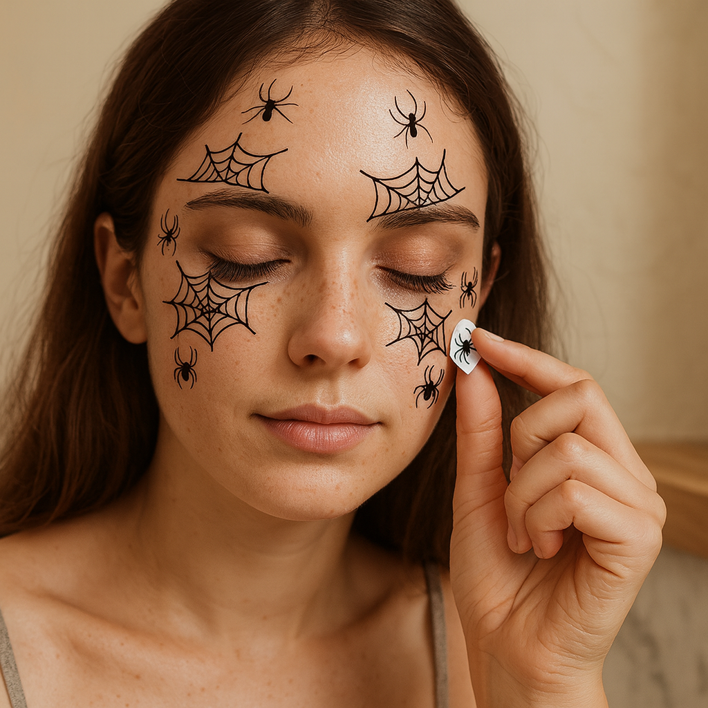 DarkAura | Pack de 10 tatouages faux pour Halloween – Motifs de toile d’araignée noire pour visage, bras et décoration de fête