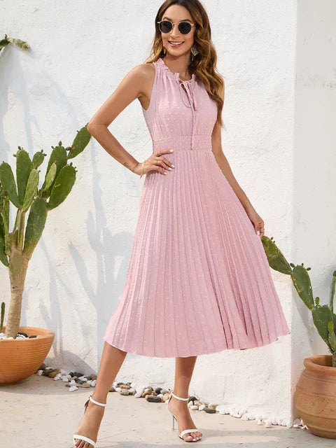 Tania - Élégante robe midi sans manches à œillets plissée