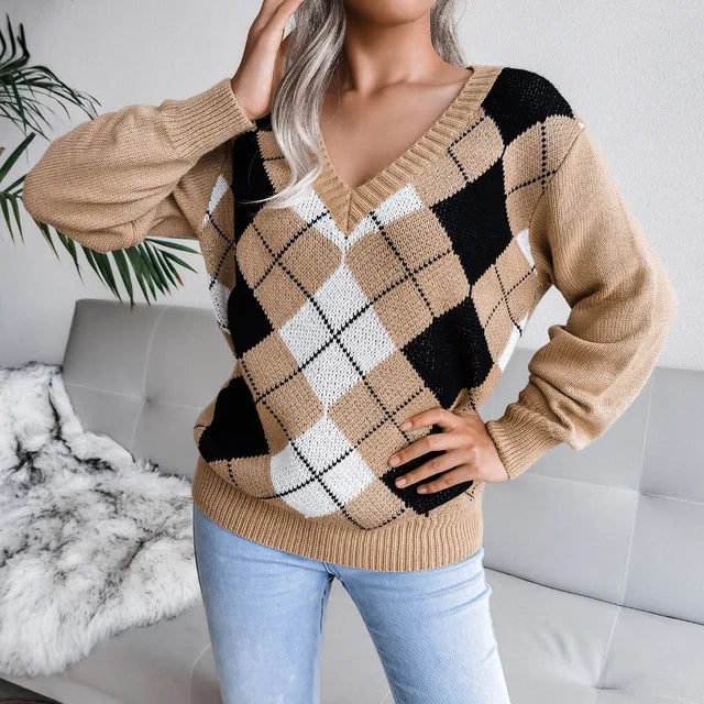 Elina - Pull rétro avec imprimé diamant et col en V, à manches longues