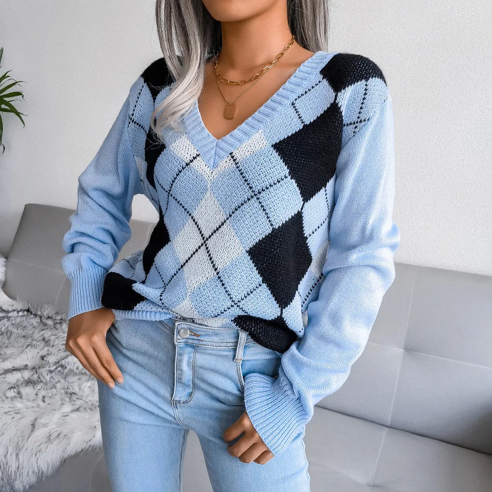 Pull en maille à col en V à manches longues avec imprimé argyle Scarlett