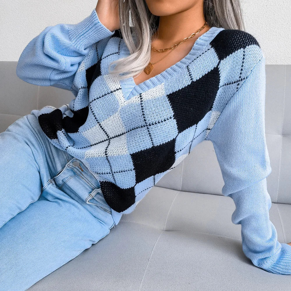 Elina - Pull rétro avec imprimé diamant et col en V, à manches longues