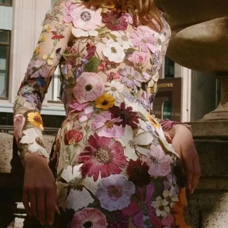 Luisa - Mini-robe brodée de fleurs à manches longues gracieuses