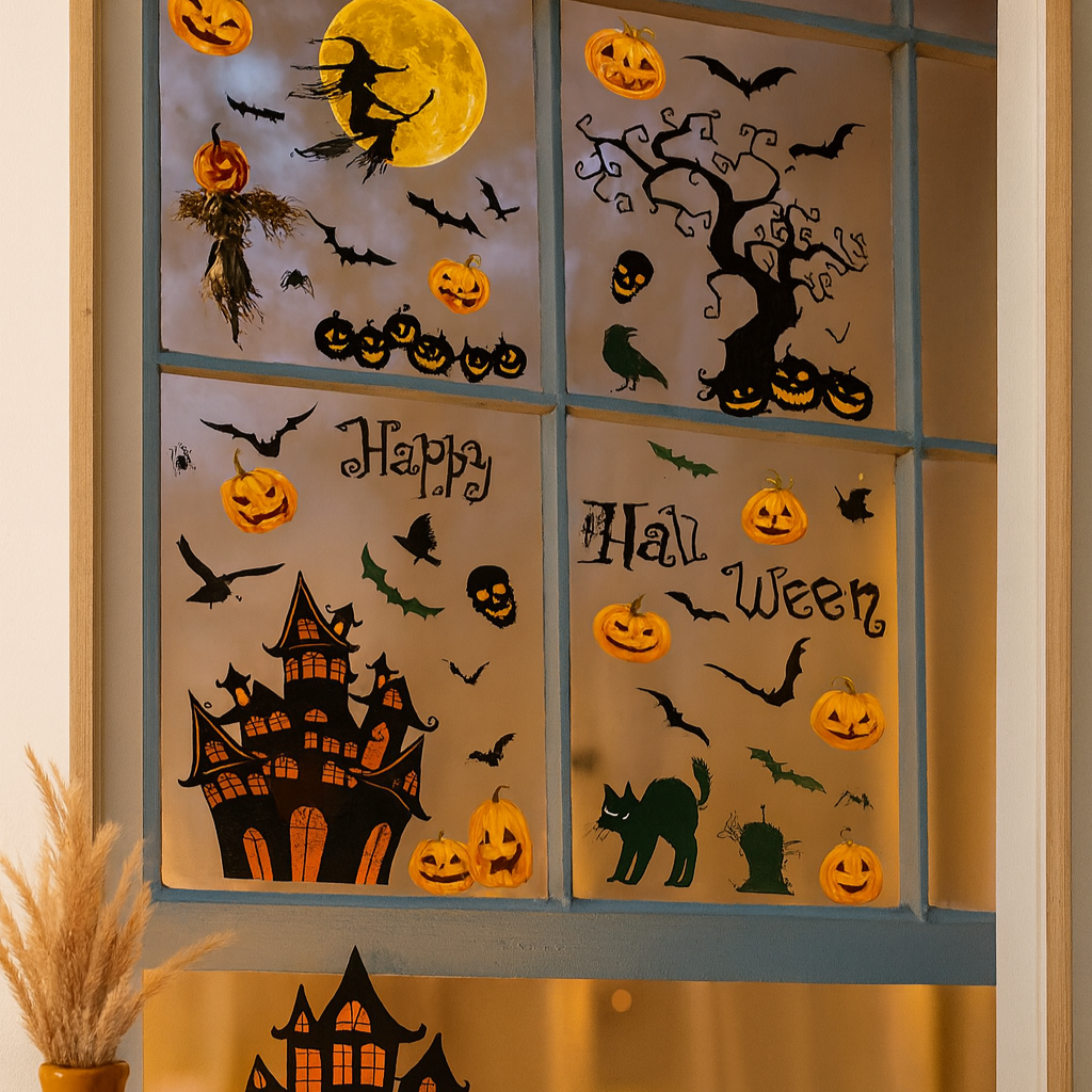 Gloomora | Ensemble d'autocollants pour fenêtres d'Halloween avec des chauves-souris et des squelettes