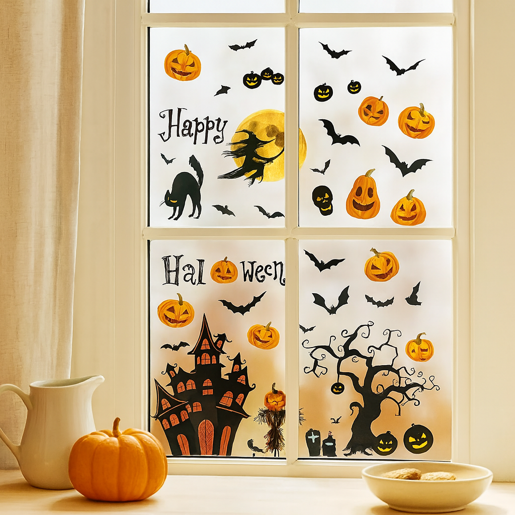 Gloomora | Ensemble d'autocollants pour fenêtres d'Halloween avec des chauves-souris et des squelettes