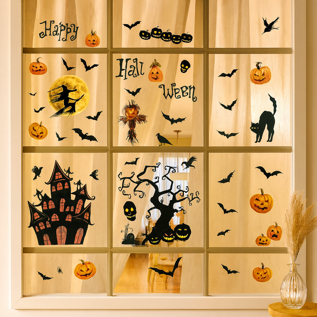 Gloomora | Ensemble d'autocollants pour fenêtres d'Halloween avec des chauves-souris et des squelettes