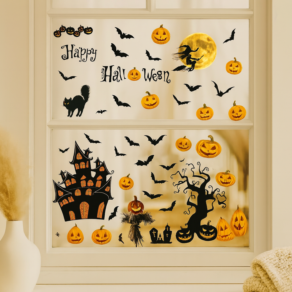 Gloomora | Ensemble d'autocollants pour fenêtres d'Halloween avec des chauves-souris et des squelettes