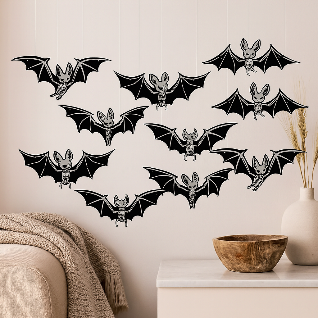 Ensemble de chauves-souris lumineuses – Ensemble de décoration murale et plafonnière 3D pour Halloween de 10 pièces en plastique