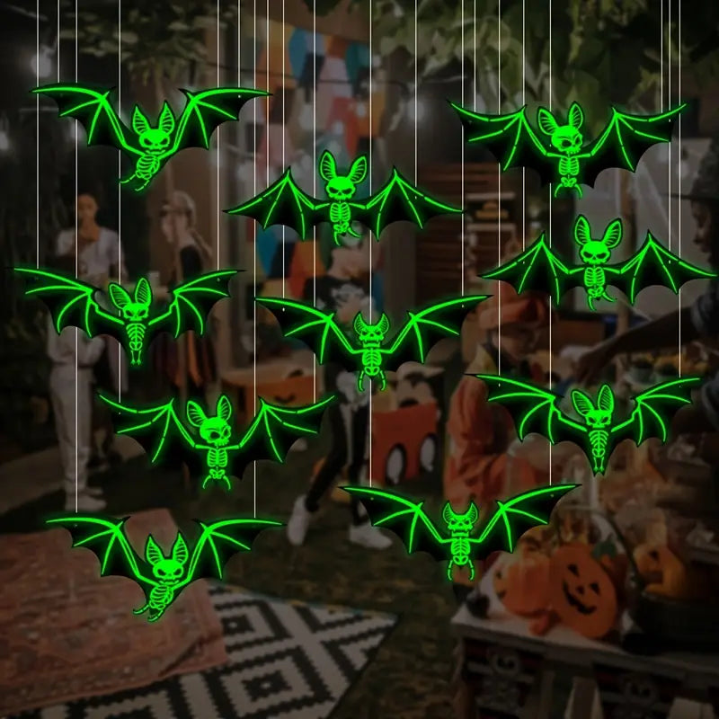 Ensemble de chauves-souris lumineuses – Ensemble de décoration murale et plafonnière 3D pour Halloween de 10 pièces en plastique